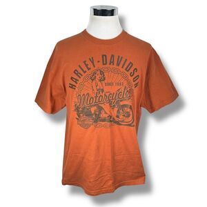Harley Davidson Motorcycle Pin Up Girl T-Shirt Men's XL Orange Y2K Short Sleeve